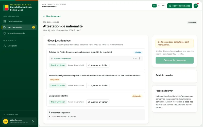 Dossier en brouillon avec la liste des pièces à téléverser