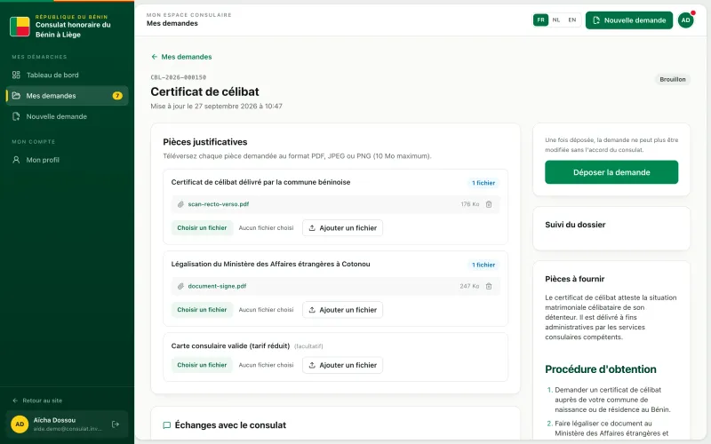 Dossier en brouillon pour le certificat de célibat, avec ses pièces justificatives