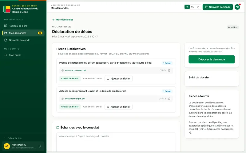 Dossier en brouillon pour la déclaration de décès, avec ses pièces justificatives