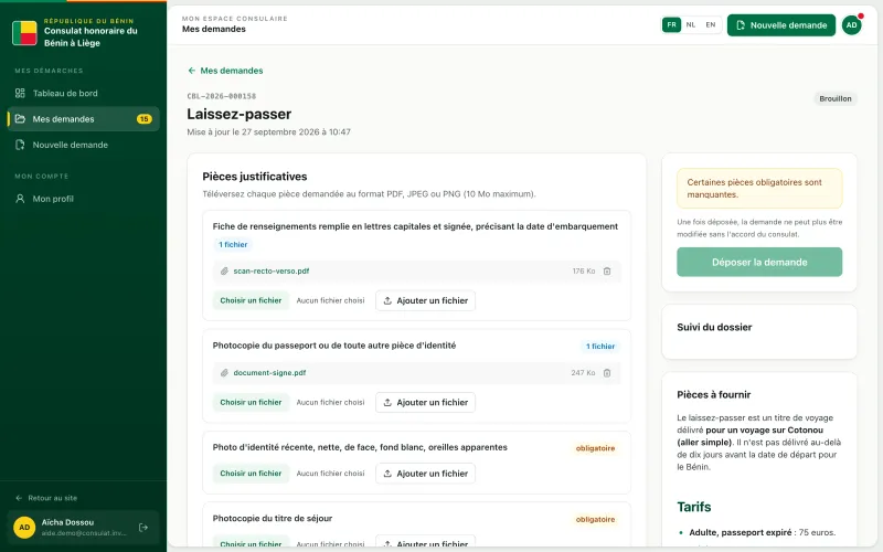 Dossier en brouillon pour le laissez-passer, avec ses pièces justificatives