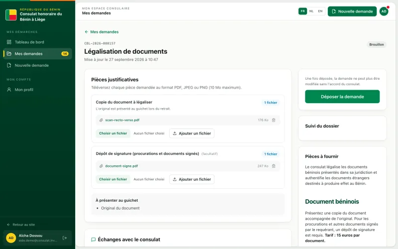 Dossier en brouillon pour la légalisation, avec ses pièces justificatives