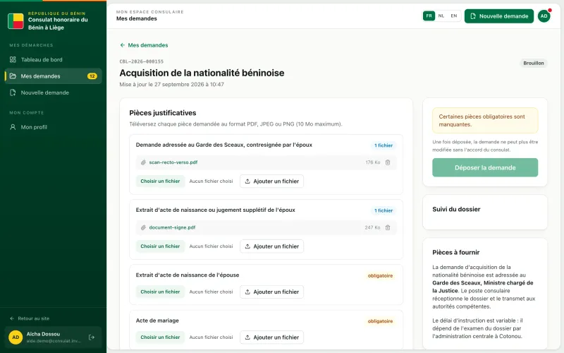 Dossier en brouillon pour la naturalisation, avec ses pièces justificatives