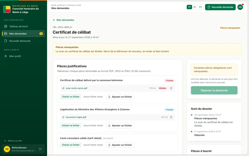 Dossier au statut Pièces manquantes avec le message du consulat