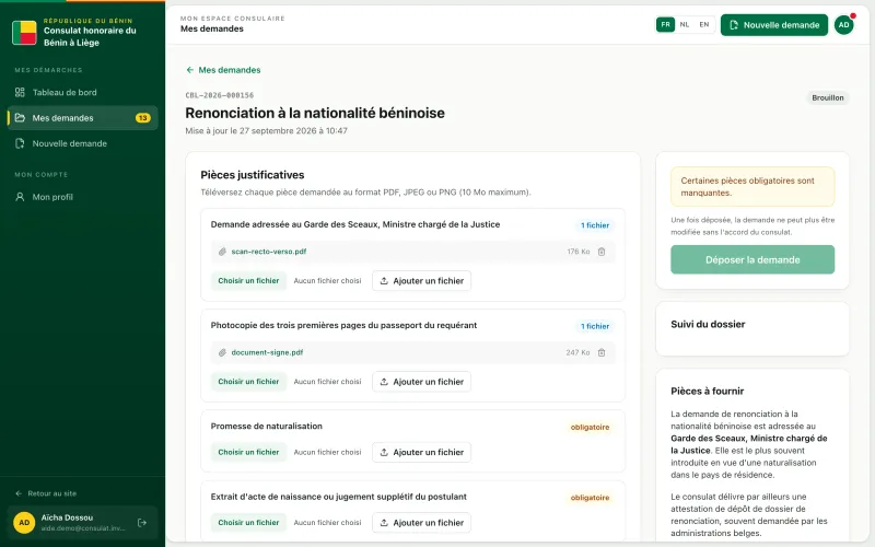 Dossier en brouillon pour la renonciation à la nationalité, avec ses pièces justificatives