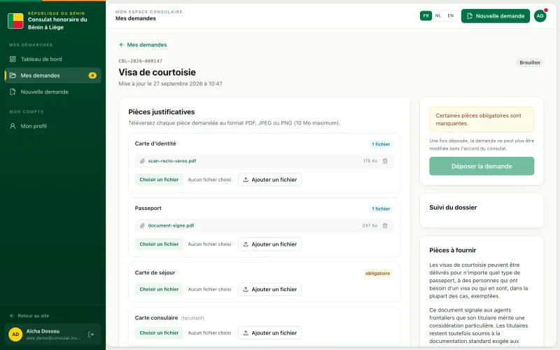 Dossier en brouillon pour le visa de courtoisie, avec ses pièces justificatives
