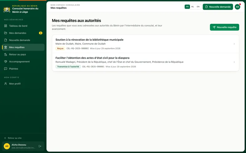 Liste Mes requêtes aux autorités