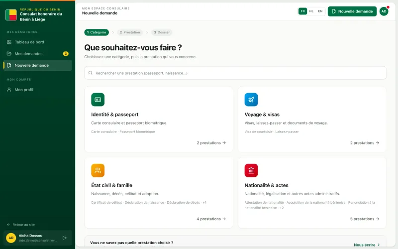 Choix de la catégorie d'une nouvelle demande