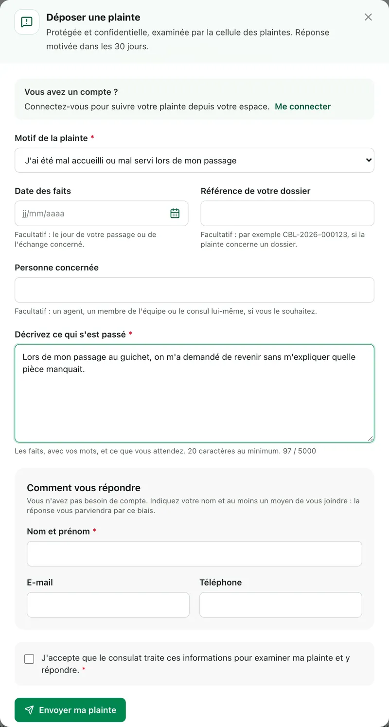 Fenêtre Déposer une plainte avec le formulaire