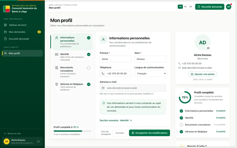 Page Mon profil de l'espace usager