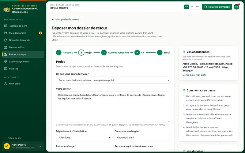 Deuxième étape du dossier de retour : le projet
